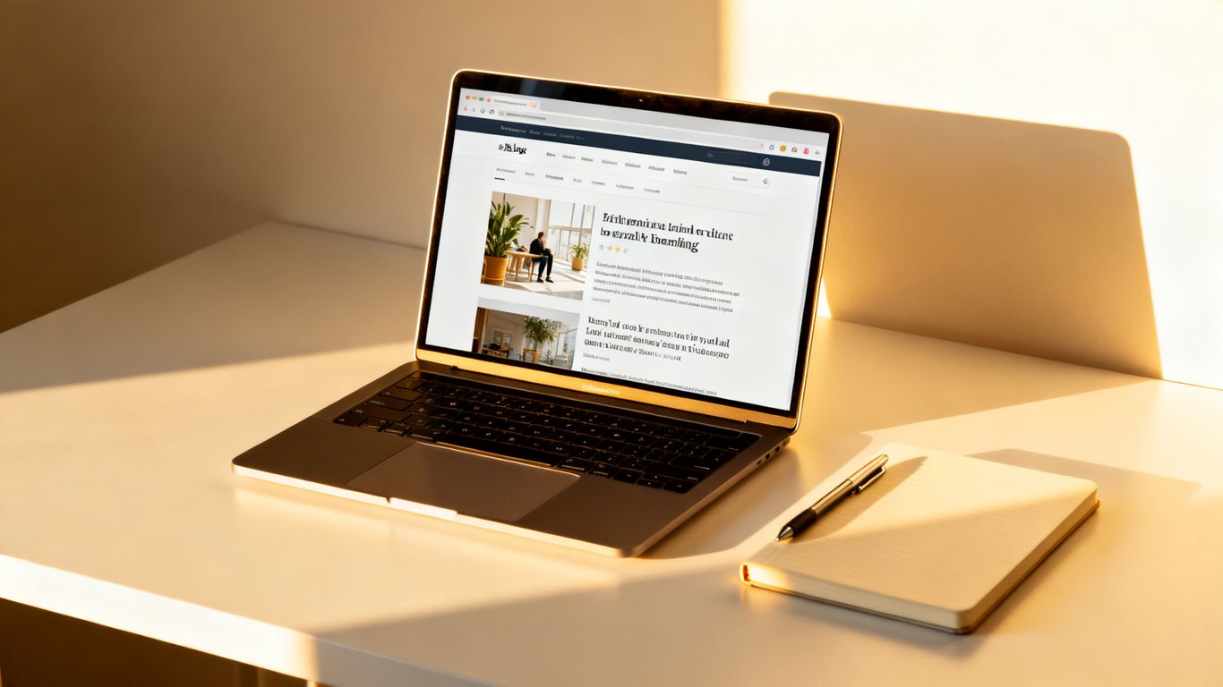 Beginner blogger's desk with laptop and notebook.