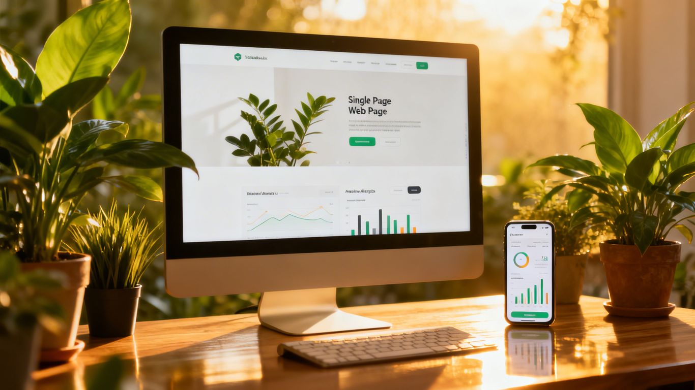 Desk with computer displaying single-page website, plants nearby