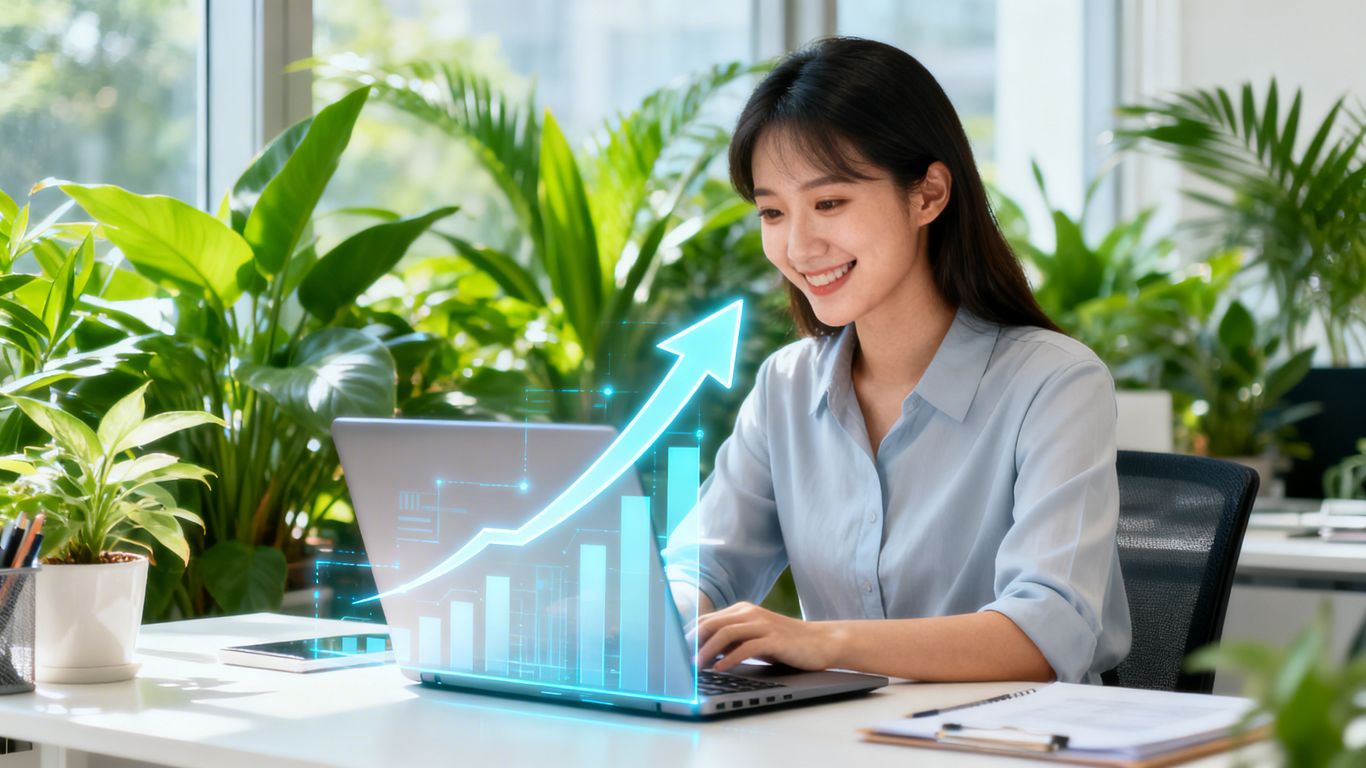 Small business owner looking at laptop with growth elements.