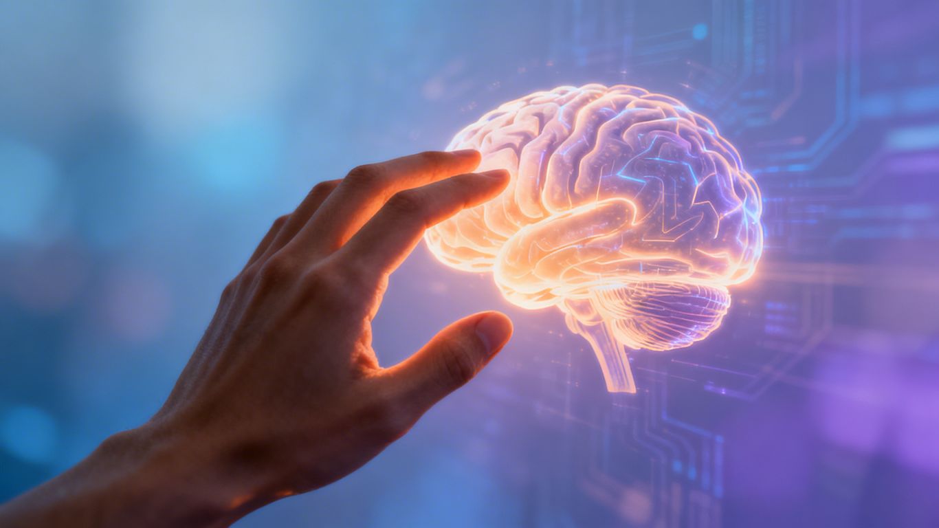 Human hand interacting with a glowing digital brain.