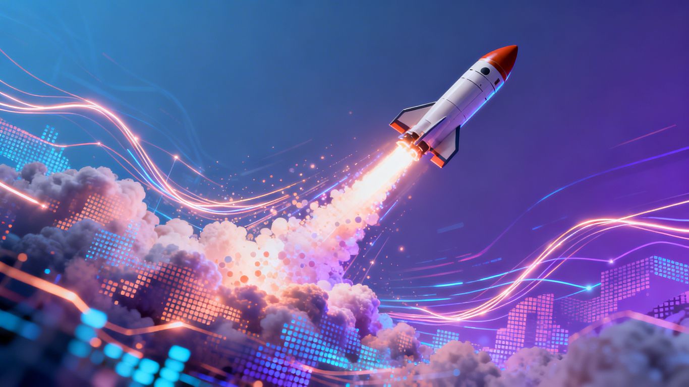 AI rocket launching from digital cloud