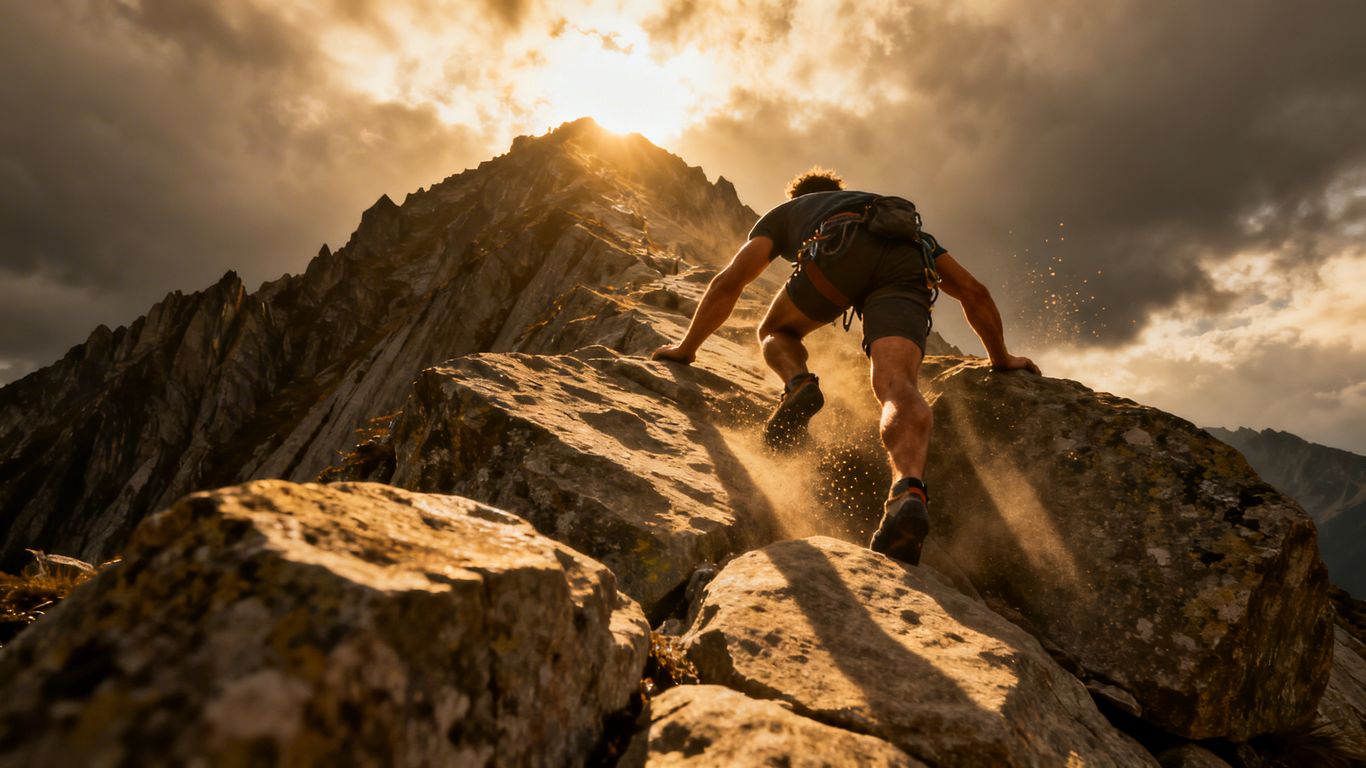 Climber ascending a challenging mountain peak towards sunlight.
