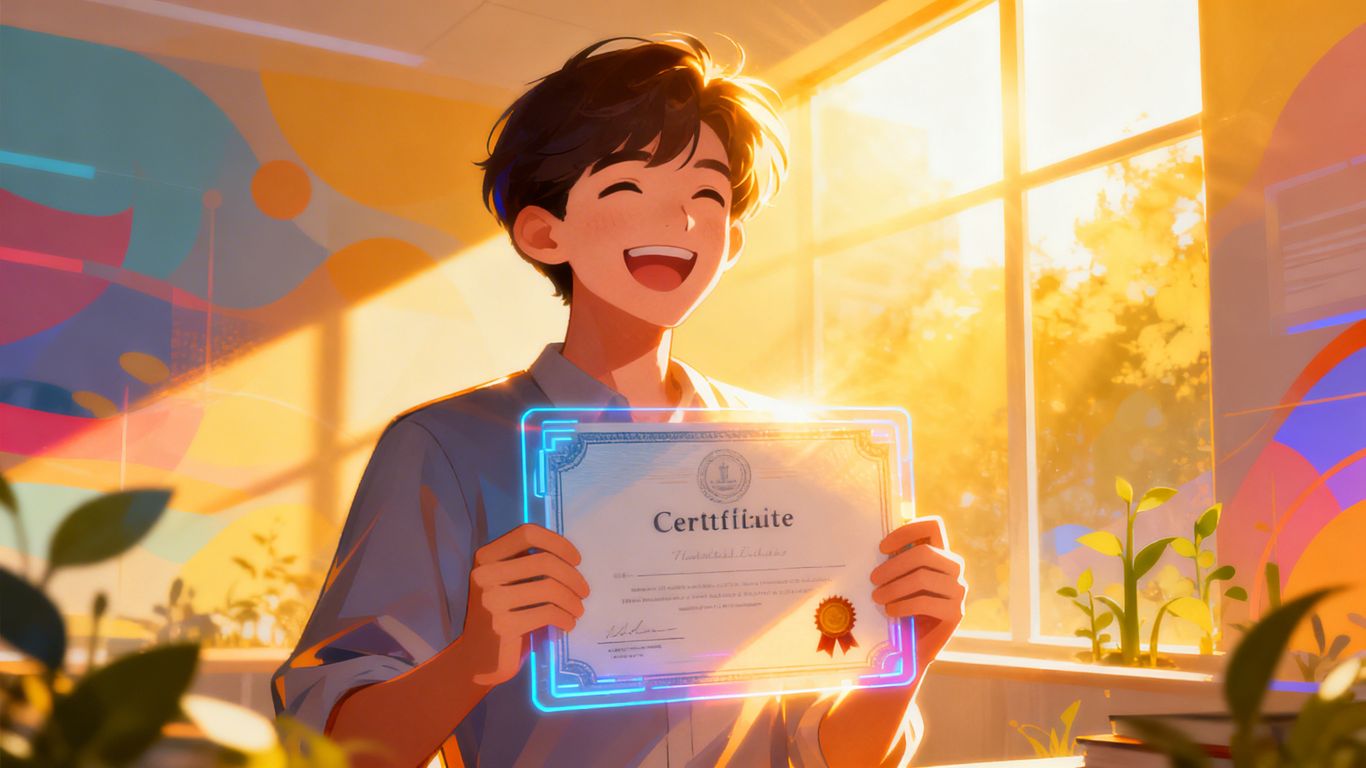 Person holding a digital marketing certificate with a smile.